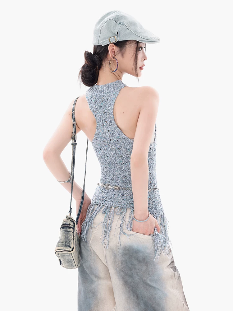 ABWEAR Đầy màu sắc và hoang dã - Áo yếm dệt kim có dây rút nguyên bản dành cho nữ 2025 Áo không tay khoét rỗng