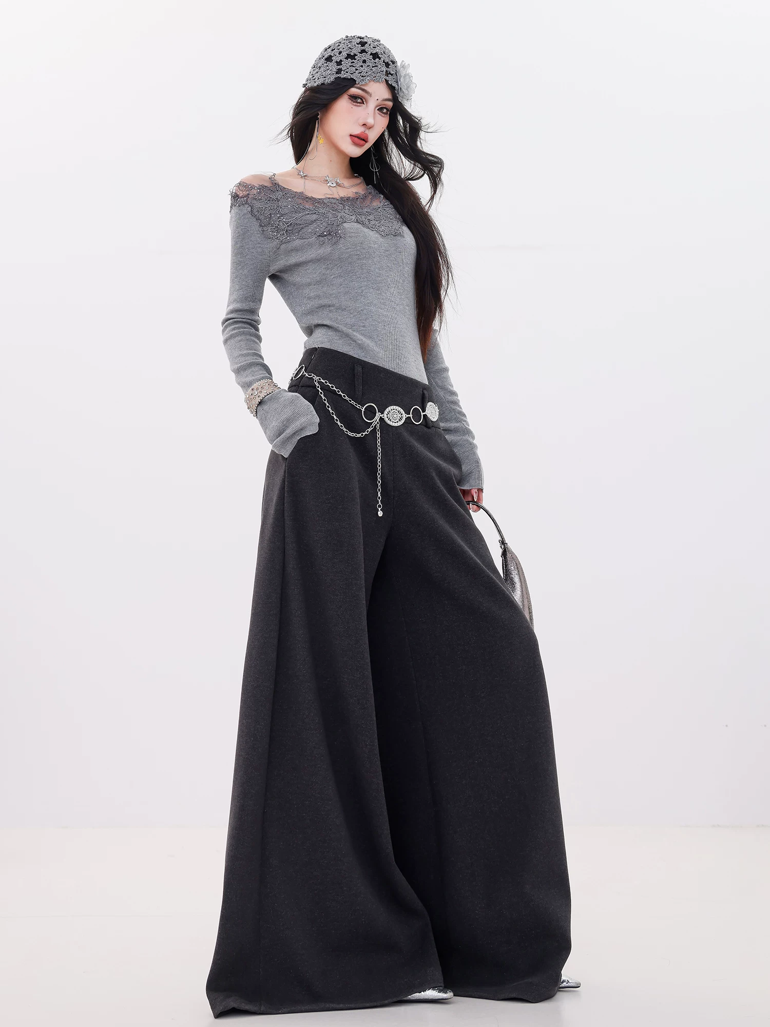 ABWLR Fashionable Advanced Edition - Quần ống rộng dày lót lông cừu nguyên bản dành cho nữ, lưng cao, xếp nếp, dáng rộng, thon gọn, quần dài đến sàn