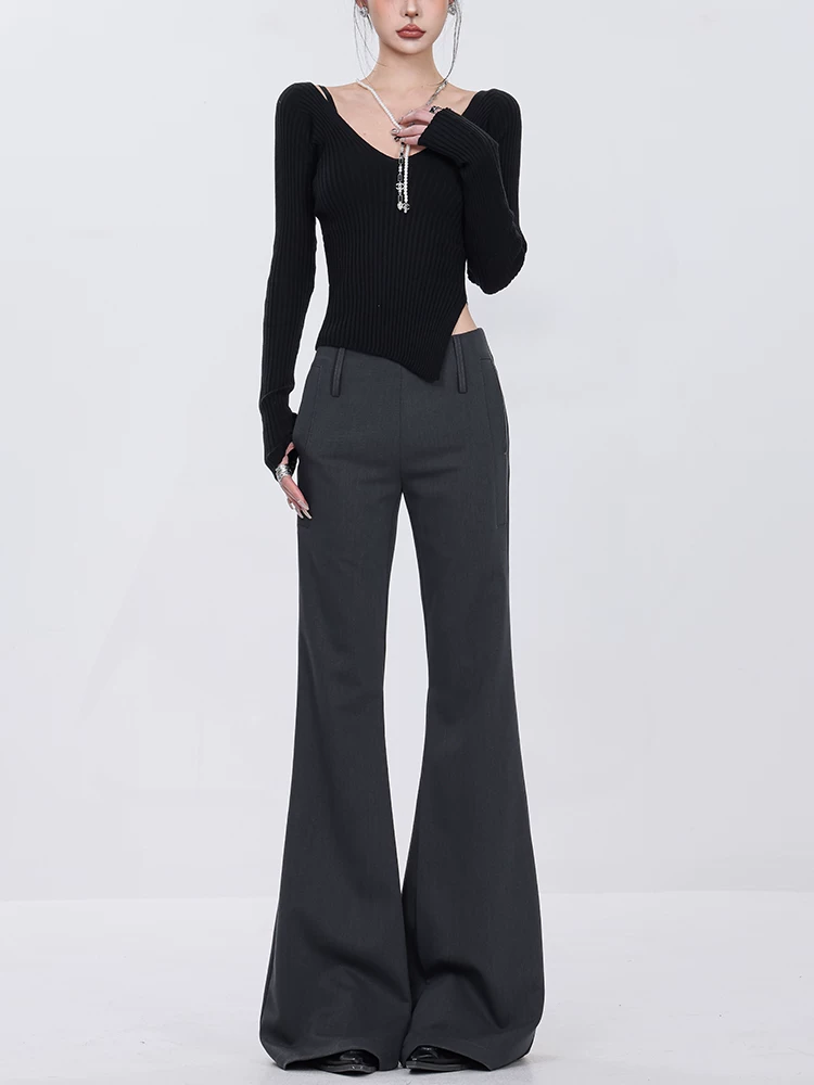 Quần âu nữ ABWEAR Xuân mới, cạp cao, kiểu dáng vintage, tôn dáng, ống loe, dài chấm đất