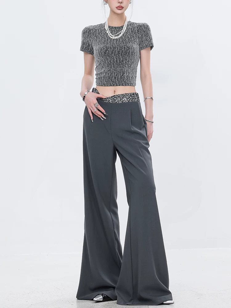 Quần vest màu xám xếp nếp đính sequin nguyên bản của ABWEAR dành cho nữ, phong cách mùa hè mới, dáng rộng, quần ống rộng tôn dáng