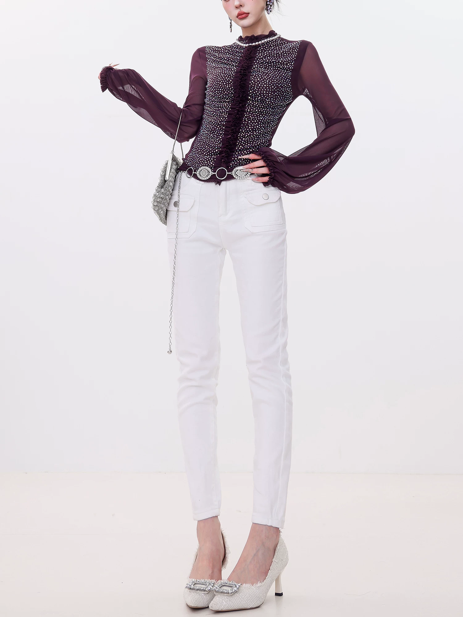 ABWLR Light Mature Style - Quần jean lót lông cừu màu trắng nguyên bản dành cho nữ, dài chín phần mười, ôm vừa vặn, quần baguette nhỏ nhắn