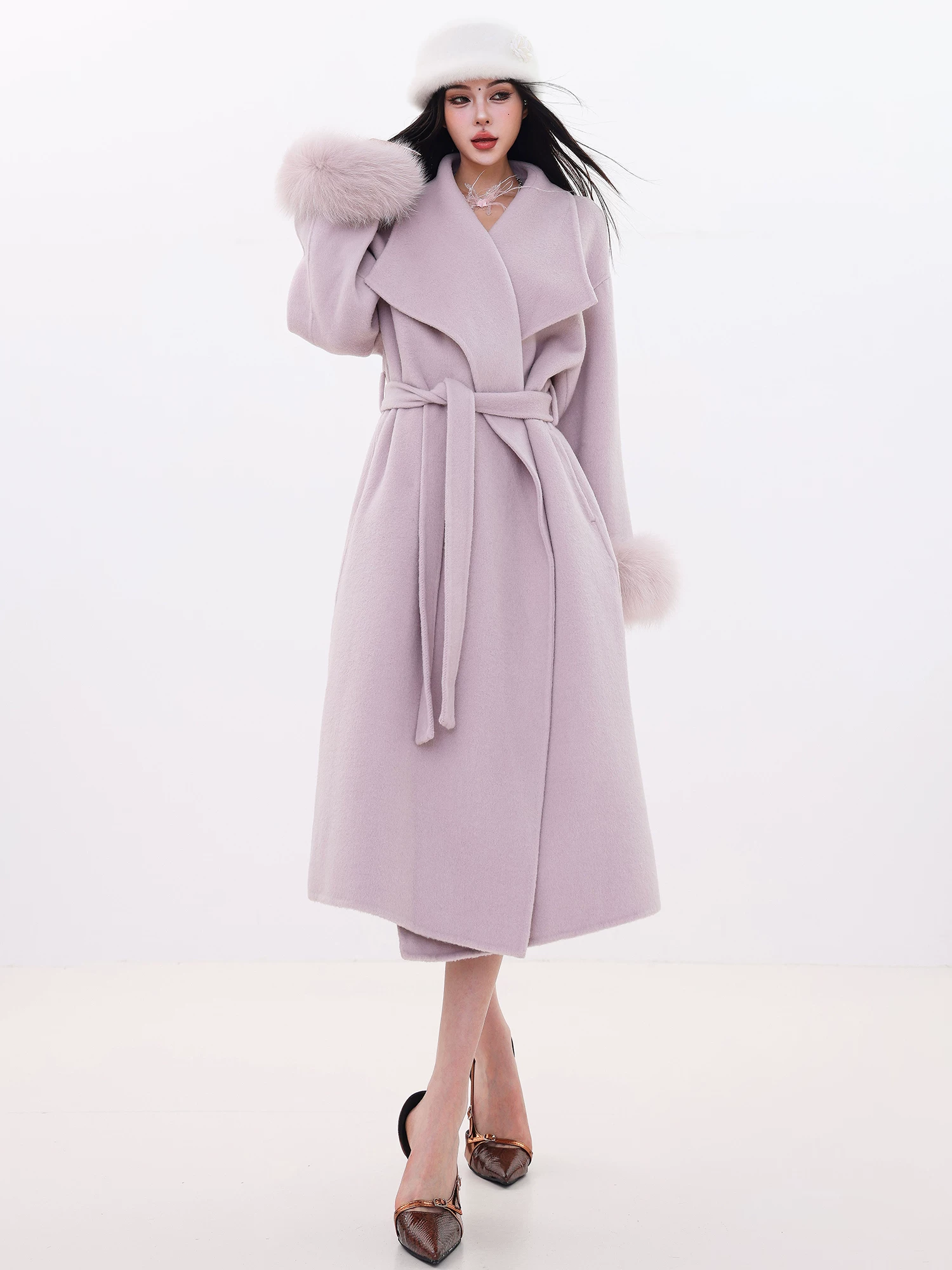 Áo khoác len cashmere lông cáo thật hai lớp ABWLR Winter Love Song - kiểu dáng dài, có ve áo, thắt lưng eo cho nữ
