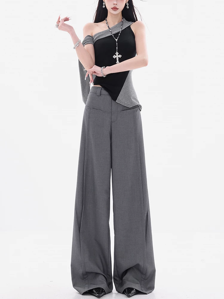 ABWEAR Gaohu Tiancai - Quần vest màu xám thiết kế dáng rộng nguyên bản dành cho nữ, kiểu dáng mỏng mùa hè, quần ống rộng dáng rộng mới