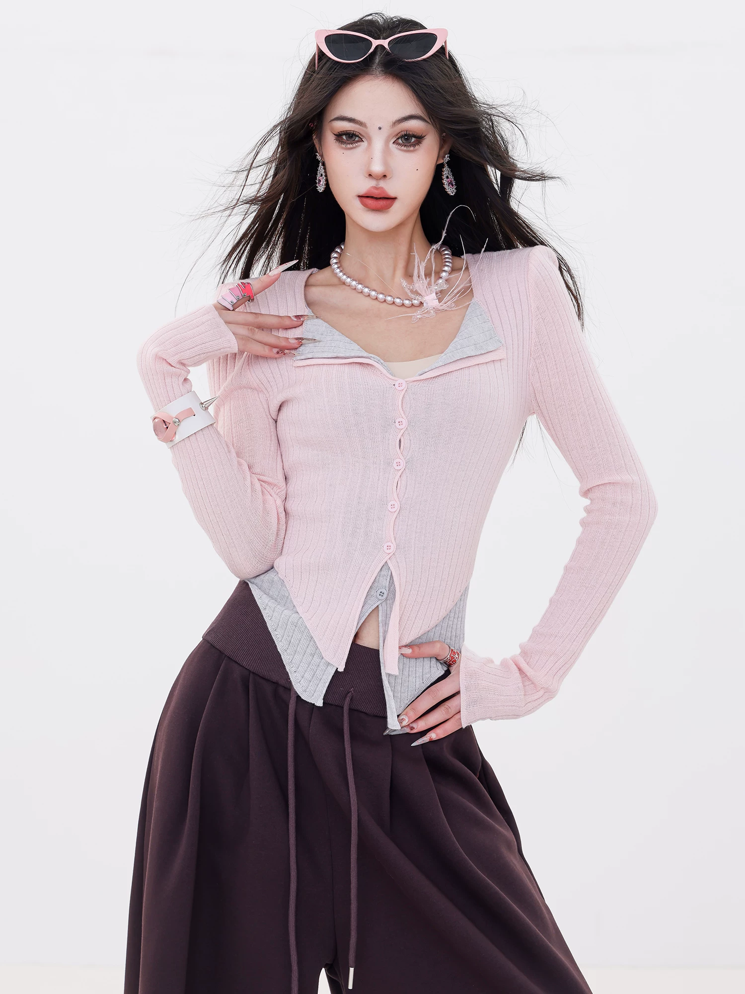 ABWLR Heartbeat Arrives - Áo len dệt kim có cổ chắp vá hai mảnh giả màu nguyên bản dành cho nữ, áo cardigan ôm vừa vặn cho mùa thu đông