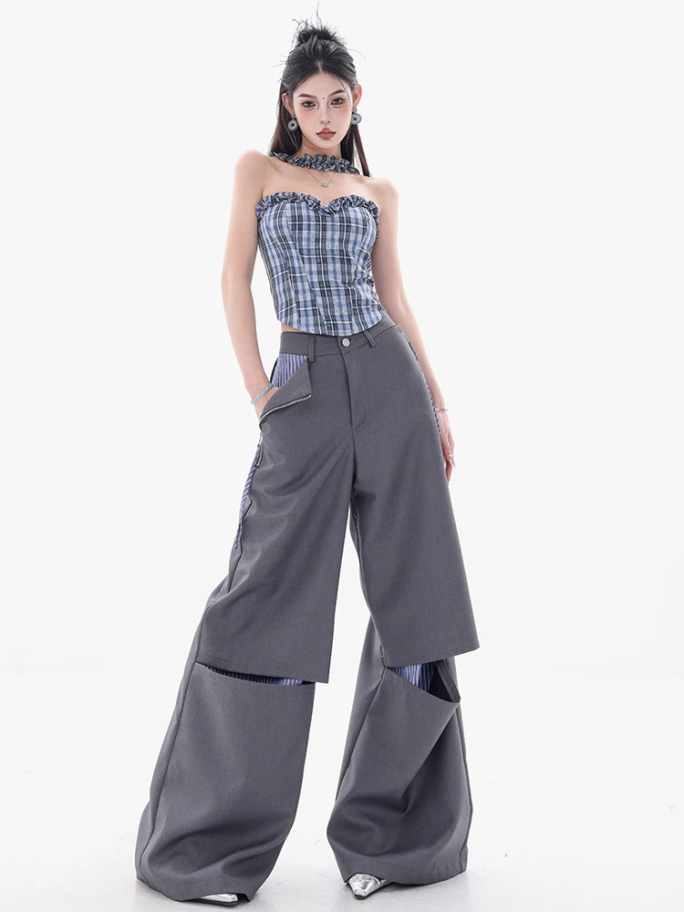 ABWEAR Trà đá muối biển - Quần tây ống rộng giả hai mảnh màu xám thiết kế chắp vá dành cho nữ, dáng rộng ống thẳng