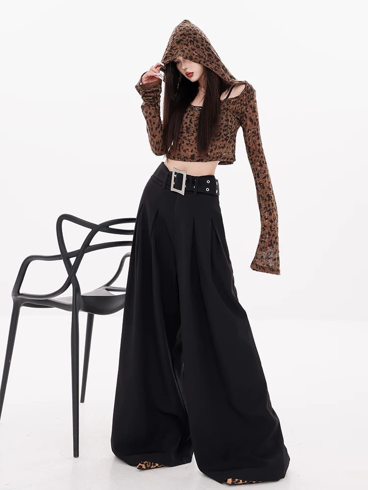 ABWEAR Modern Special Edition - Quần tây xếp ly có thắt lưng màu đen nguyên bản đầu thu dành cho nữ Quần ống rộng dáng rộng thường ngày