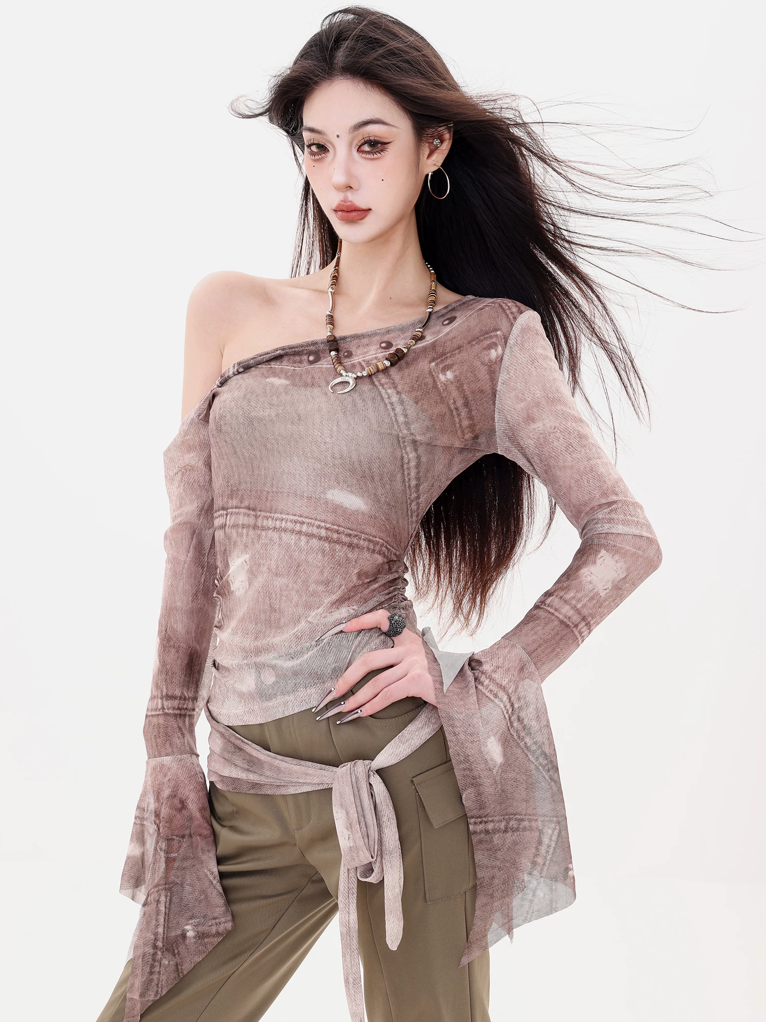ABWLR Urban Illustrated - Thiết kế theo phong cách Hot Girl nguyên bản Áo thun dài tay lệch vai kiểu dáng ôm sát lưới dành cho nữ