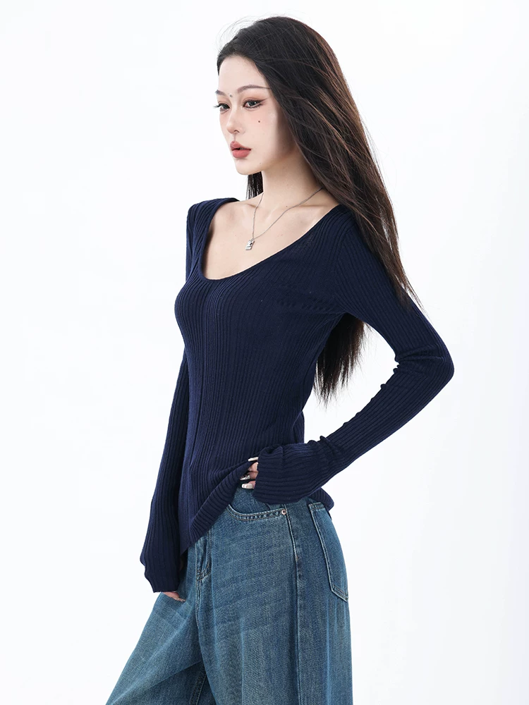 ABWEAR mùa thu đông áo len dài tay cổ tròn màu xanh hải quân màu trơn dệt kim thiết kế dành cho nữ áo sơ mi có gân ở dưới