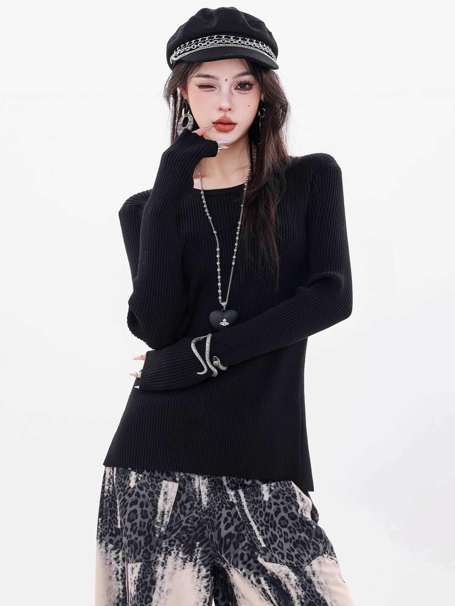 Áo dệt kim cổ tròn hở lưng phong cách hot girl Mỹ nguyên bản của ABWLR dành cho nữ, áo dài tay ôm vừa vặn mùa thu mới