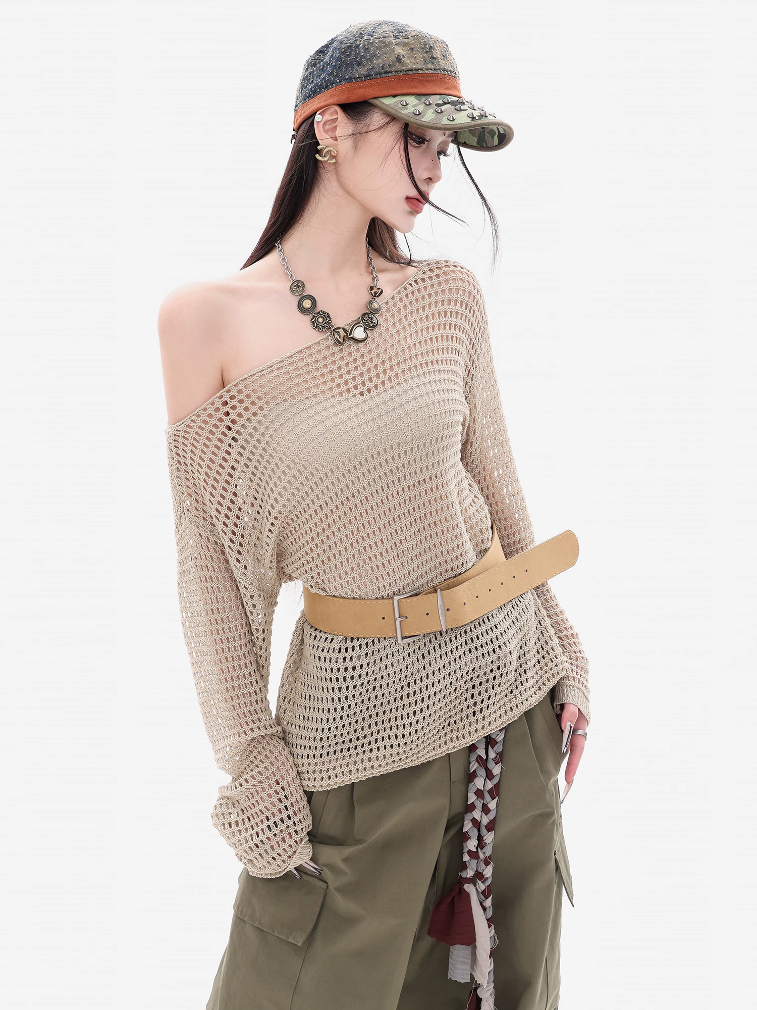 ABWEAR Oxygen Girl - Áo len dệt kim trễ vai phong cách lười biếng nguyên bản dành cho nữ, áo dáng rộng đa năng phong cách Hàn Quốc