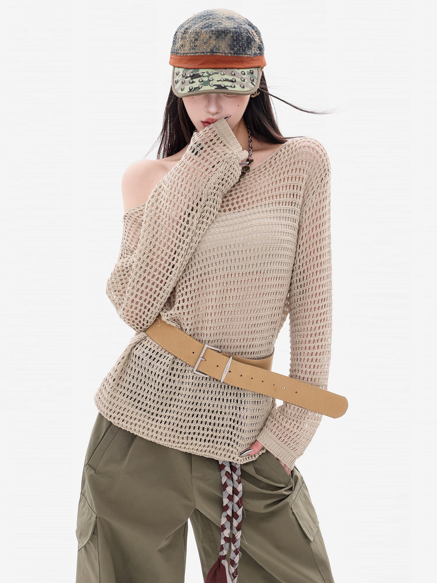 ABWEAR Oxygen Girl - Áo len dệt kim trễ vai phong cách lười biếng nguyên bản dành cho nữ, áo dáng rộng đa năng phong cách Hàn Quốc