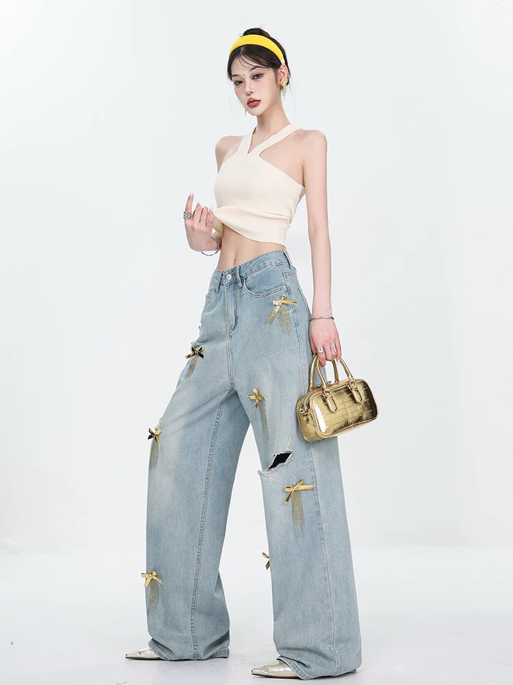 ABWEAR Quần jean ống rộng rách thiết kế nơ cổ điển kiểu Mỹ dành cho nữ, quần ống rộng dài đến sàn mùa hè