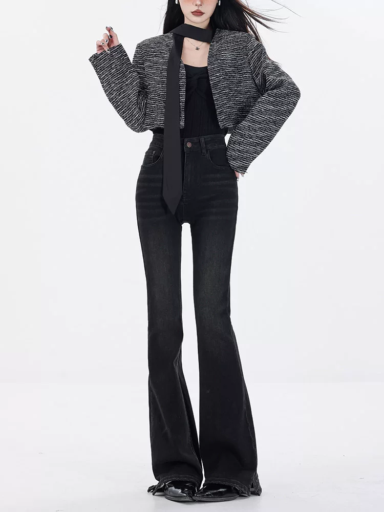 ABWEAR Những khoảnh khắc thoải mái - Quần denim đen cạp cao nguyên bản dành cho nữ, lót lông cừu, quần ống loe thon gọn, quần ống loe
