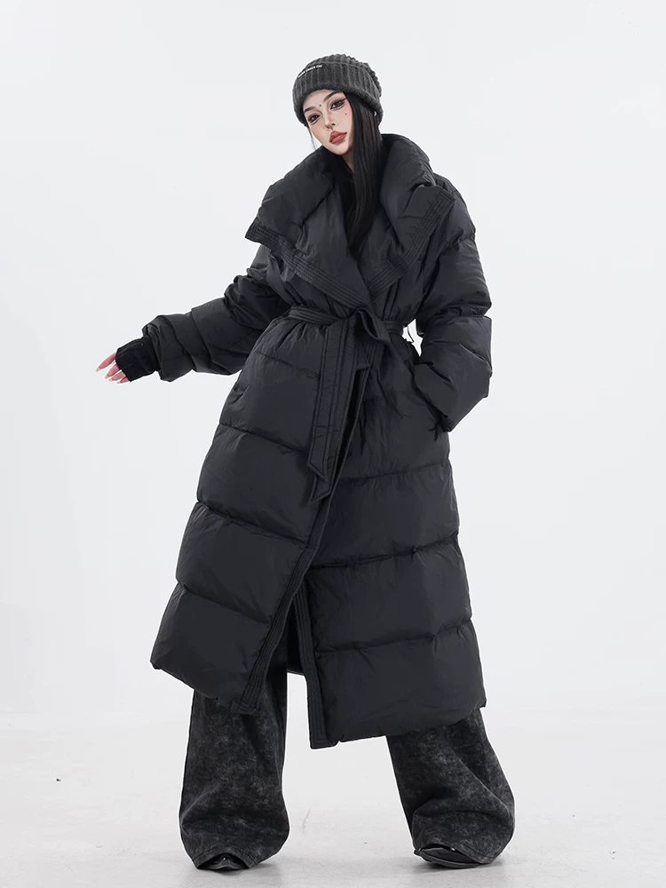 ABWEAR Snow Walk - Áo khoác lông vũ dài vừa phải màu đen mùa đông nguyên bản dành cho nữ với lông vịt trắng và cổ đứng, dài quá đầu gối