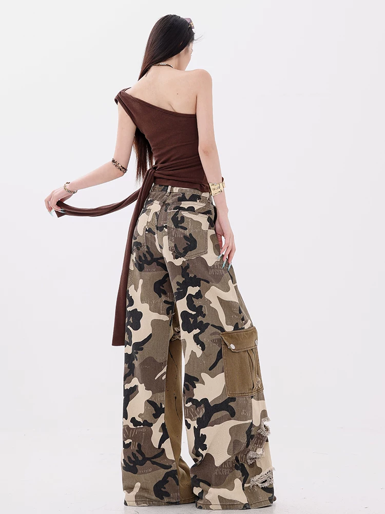 ABWEAR Fifth Street - Quần jean cargo phối họa tiết ngụy trang nguyên bản dành cho nữ, quần ống rộng dài ngang sàn giả hai mảnh