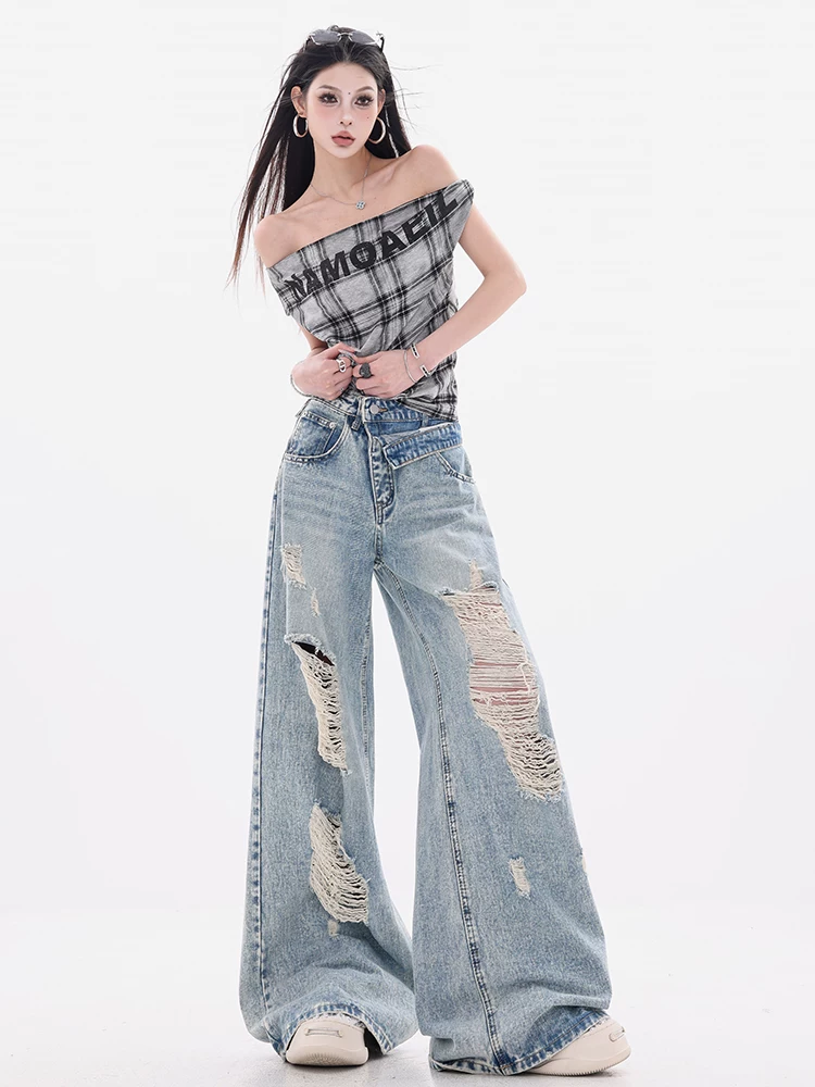 Quần jeans rách phong cách retro Mỹ nguyên bản của ABWEAR dành cho nữ mùa hè 2025, kiểu dáng rộng, ống rộng