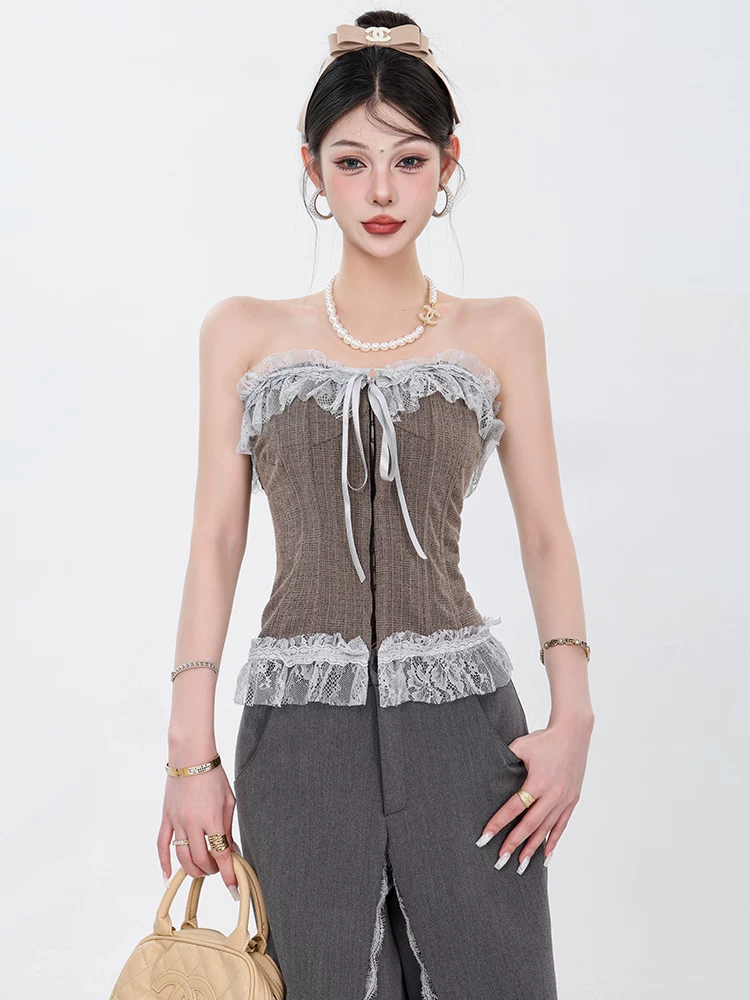 Áo hai dây ren phong cách hot girl ABWEAR dành cho nữ, kiểu mới 2024, áo lót phối màu, kiểu trễ vai