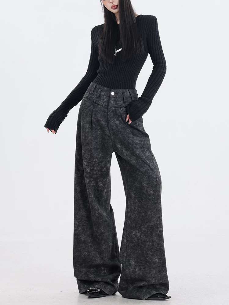 ABWEAR Virtual Island - Quần ống rộng màu đen nguyên bản thu đông mới Quần jean nữ dáng rộng thẳng dài đến sàn