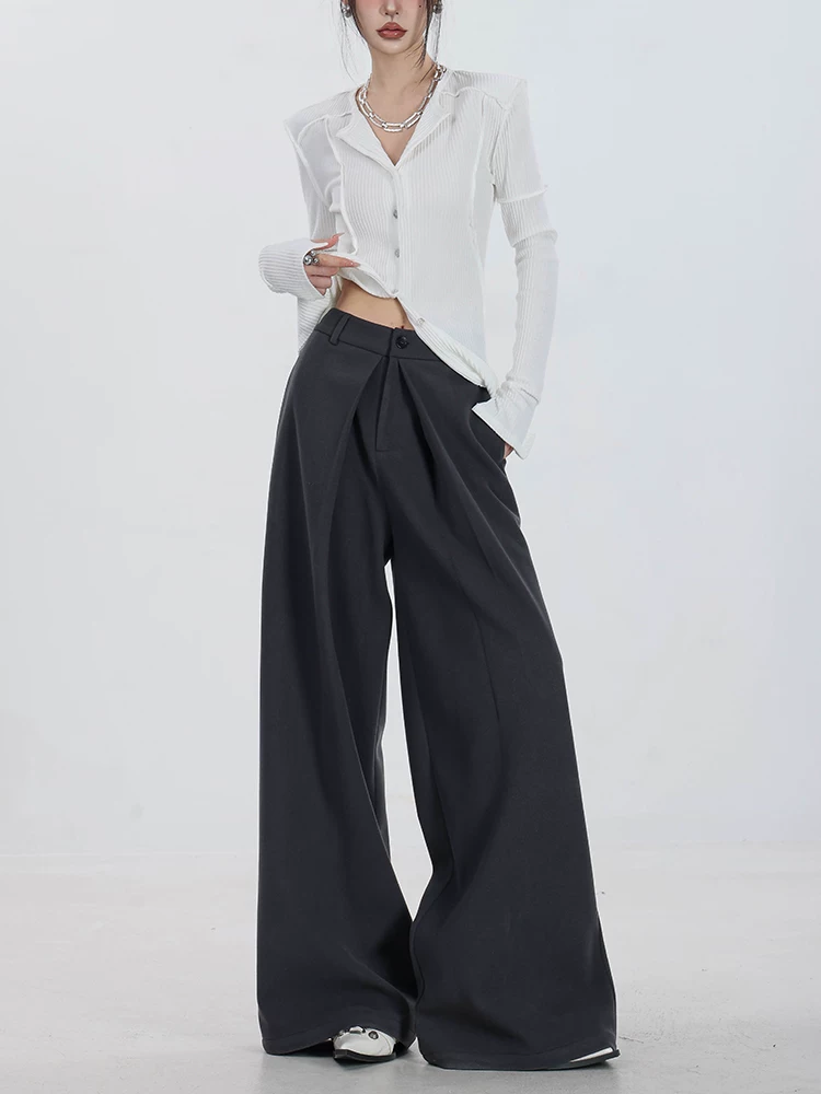 ABWEAR Urban Stroll - Quần thường ngày dày dặn bằng len màu xám nguyên bản dành cho nữ, quần ống rộng mùa thu đông với thiết kế ống thẳng xếp nếp
