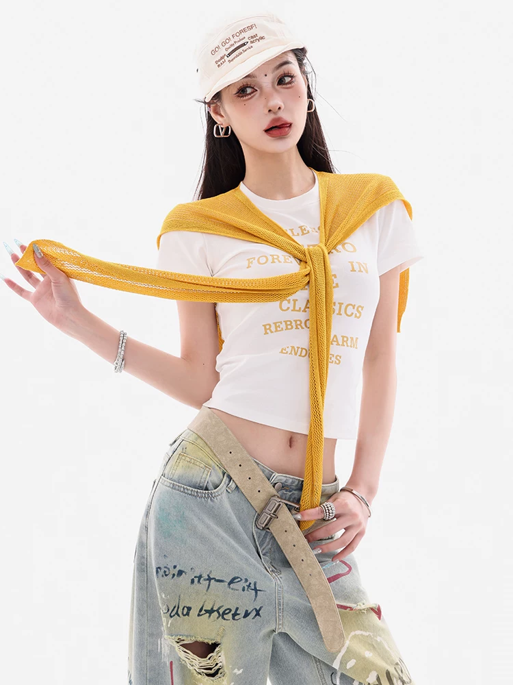 ABWEAR Versatile Sweetheart - Áo ba lỗ in chữ gốc Hàn Quốc dành cho nữ Slim Fit Shawl Top Bộ hai mảnh