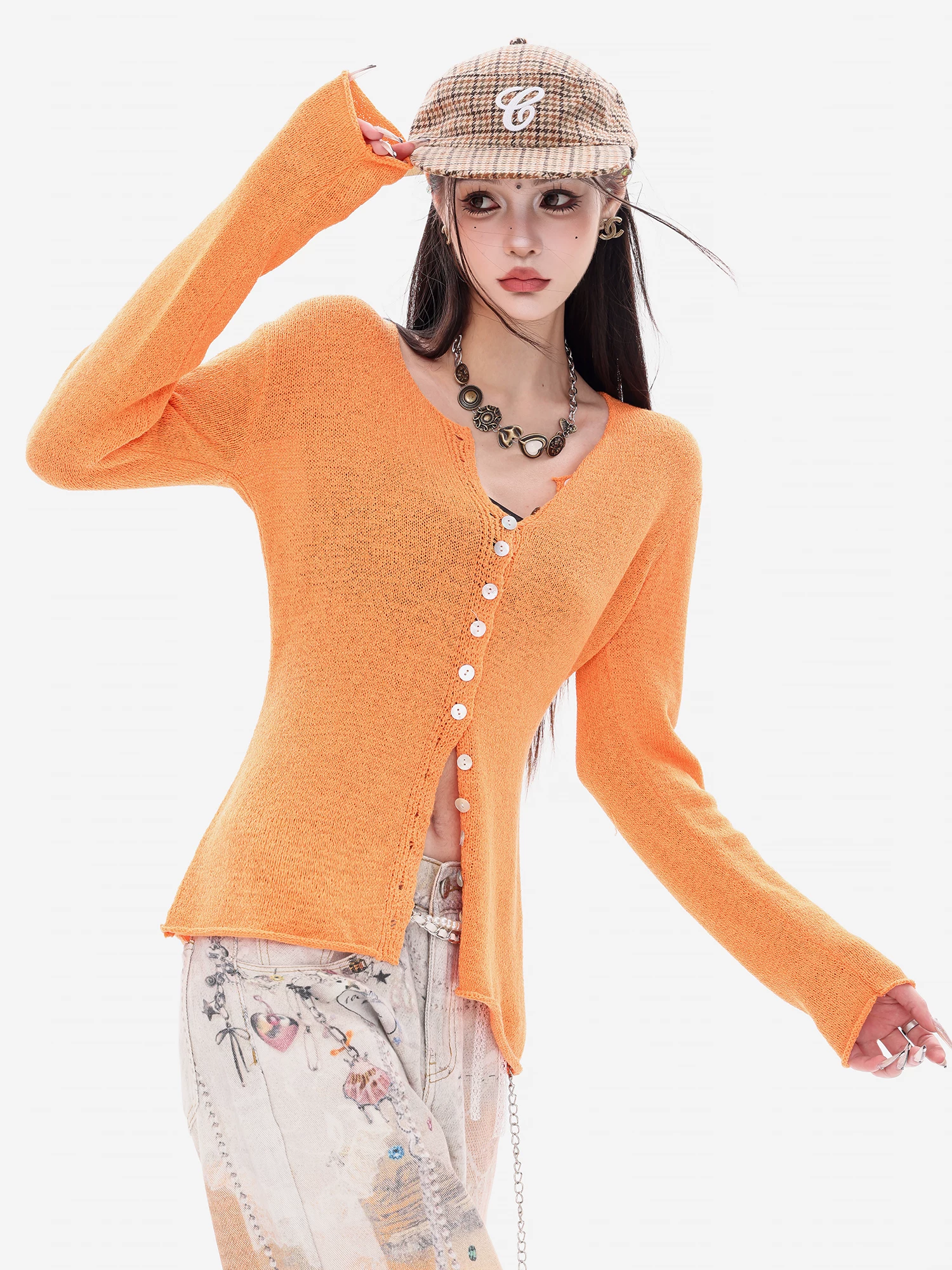 ABWEAR Orange Moment - Áo len dệt kim màu cam thư giãn đầu thu nguyên bản dành cho nữ, áo cardigan dáng ôm vừa vặn