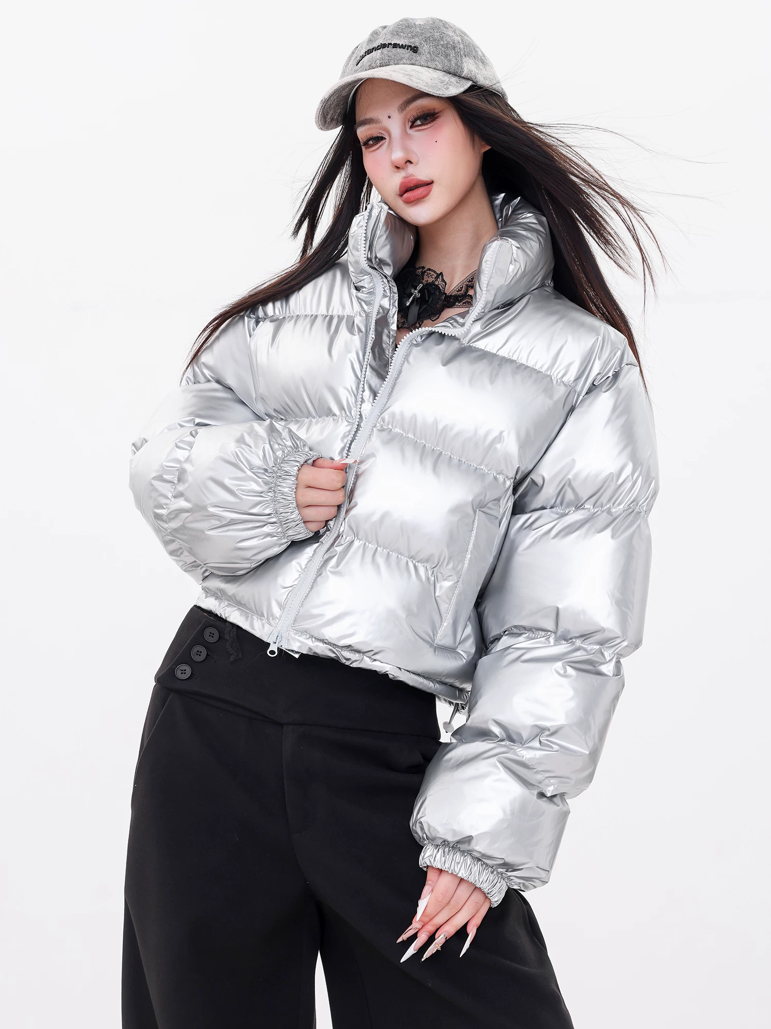 Áo khoác cotton ngắn phong cách kim loại hot girl ABWLR cổ đứng màu bạc dày dặn ấm áp áo khoác cao cấp