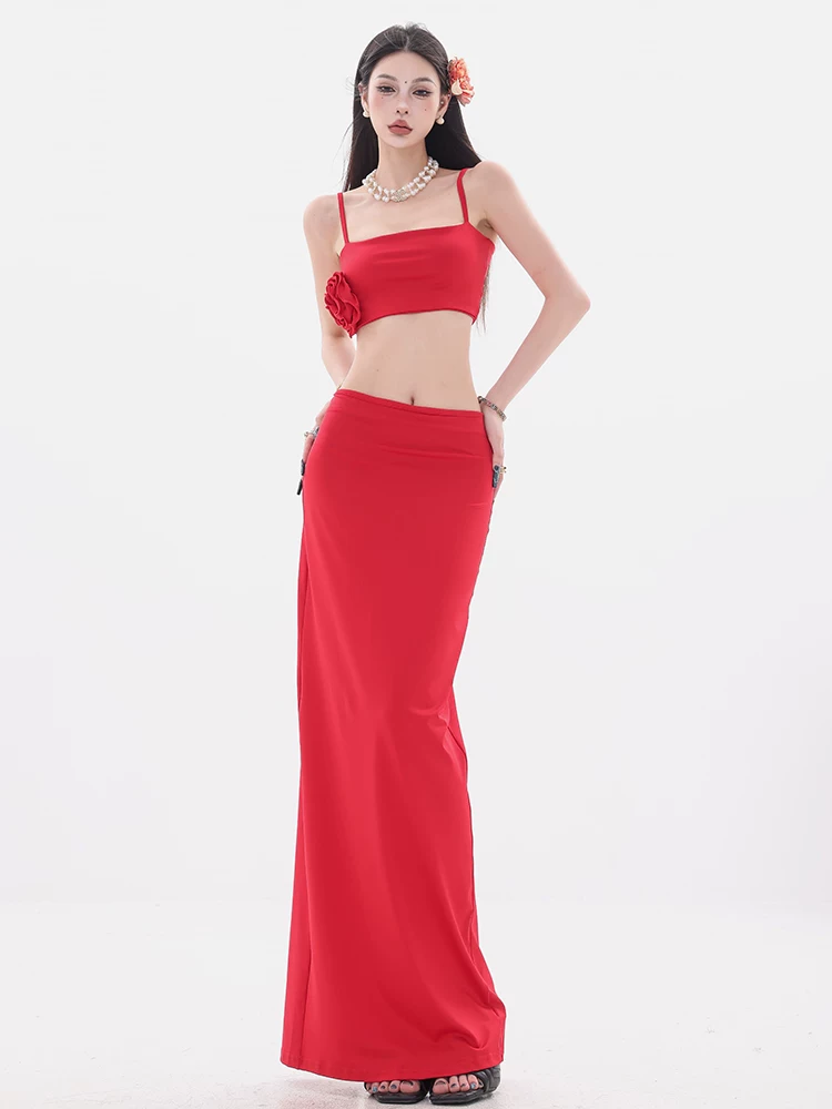 ABWEAR Flame Rose - Bộ hai mảnh gồm áo camisole thiết kế hoa độc đáo, váy dài ôm eo, ôm hông dành cho nữ