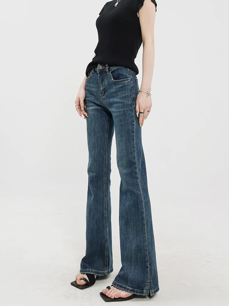 Quần jeans bootcut màu xanh đậm cổ điển ABWEAR dành cho nữ, thu đông 2025, kiểu dáng ôm sát, lót lông cừu, ống loe kiểu móng ngựa
