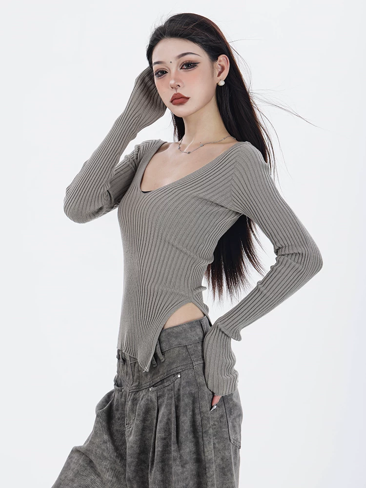 ABWAER Elegant Focus - Áo len trễ vai mùa thu nguyên bản dệt kim nữ tính