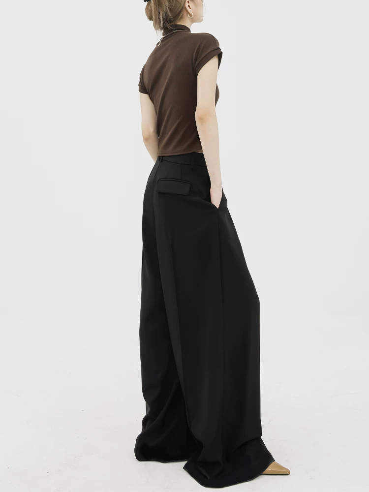 Quần âu đen ABWEAR dành cho nữ, thu đông 2025, kiểu dáng mới, rộng rãi, dày dặn, chất liệu mềm mại, dài chấm đất, ống rộng