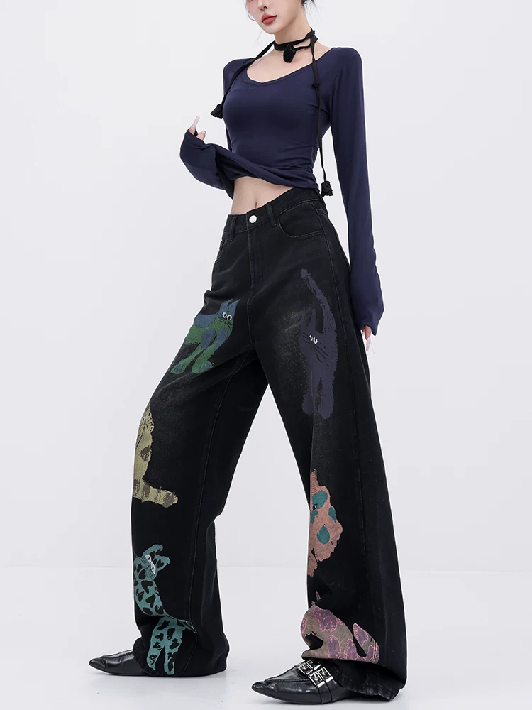 ABWEAR Quirky Player - Quần jean graffiti màu đen nguyên bản dành cho nữ Quần ống rộng họa tiết mèo hoạt hình đầu thu Quần ống thẳng