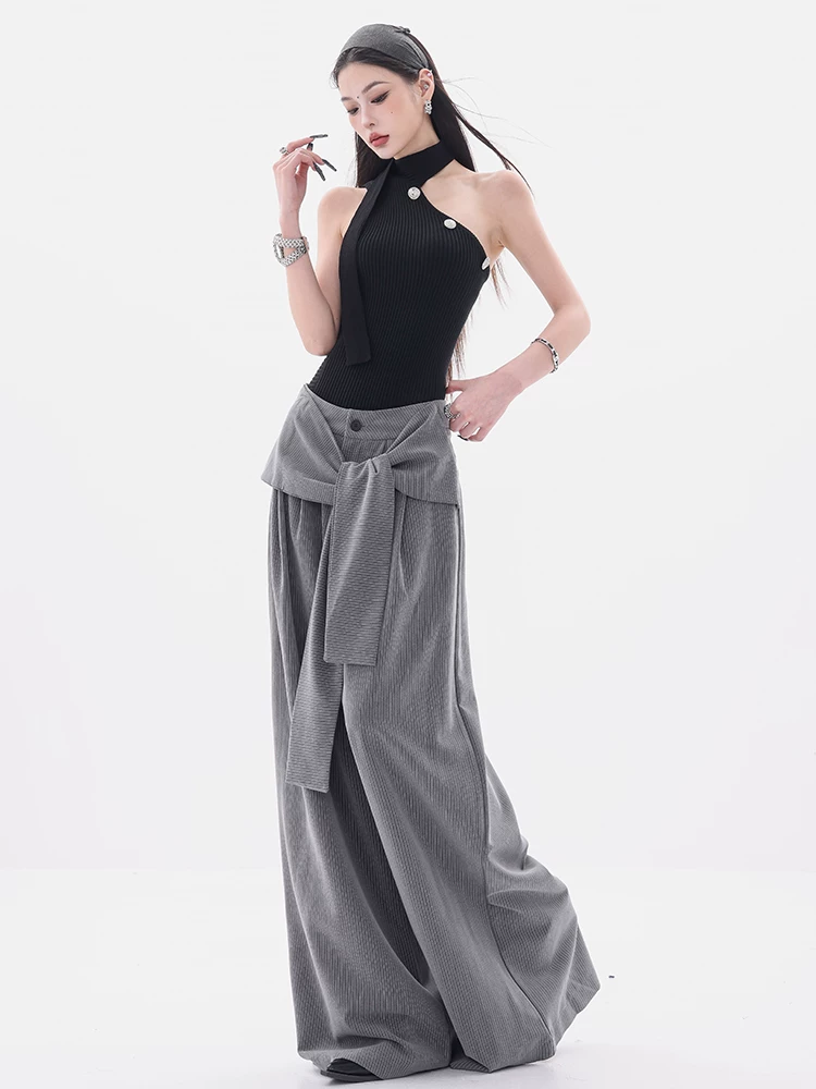 ABWEAR Urban Beauty - Quần thường ngày sọc xám nguyên bản dành cho nữ, thiết kế mùa hè mới, quần ống rộng dáng rộng