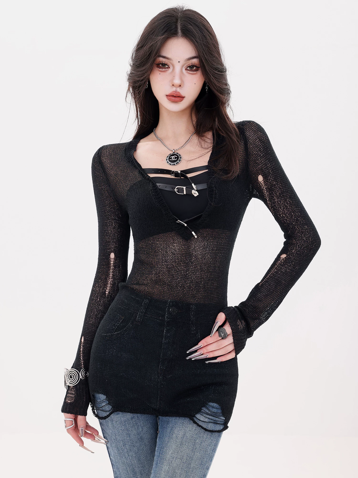 ABWLR Wave Aesthetic - Áo kiểu dáng hot girl độc đáo, cổ chữ V, chất liệu đan móc rỗng, ôm dáng, áo lót mặc ngoài dành cho nữ
