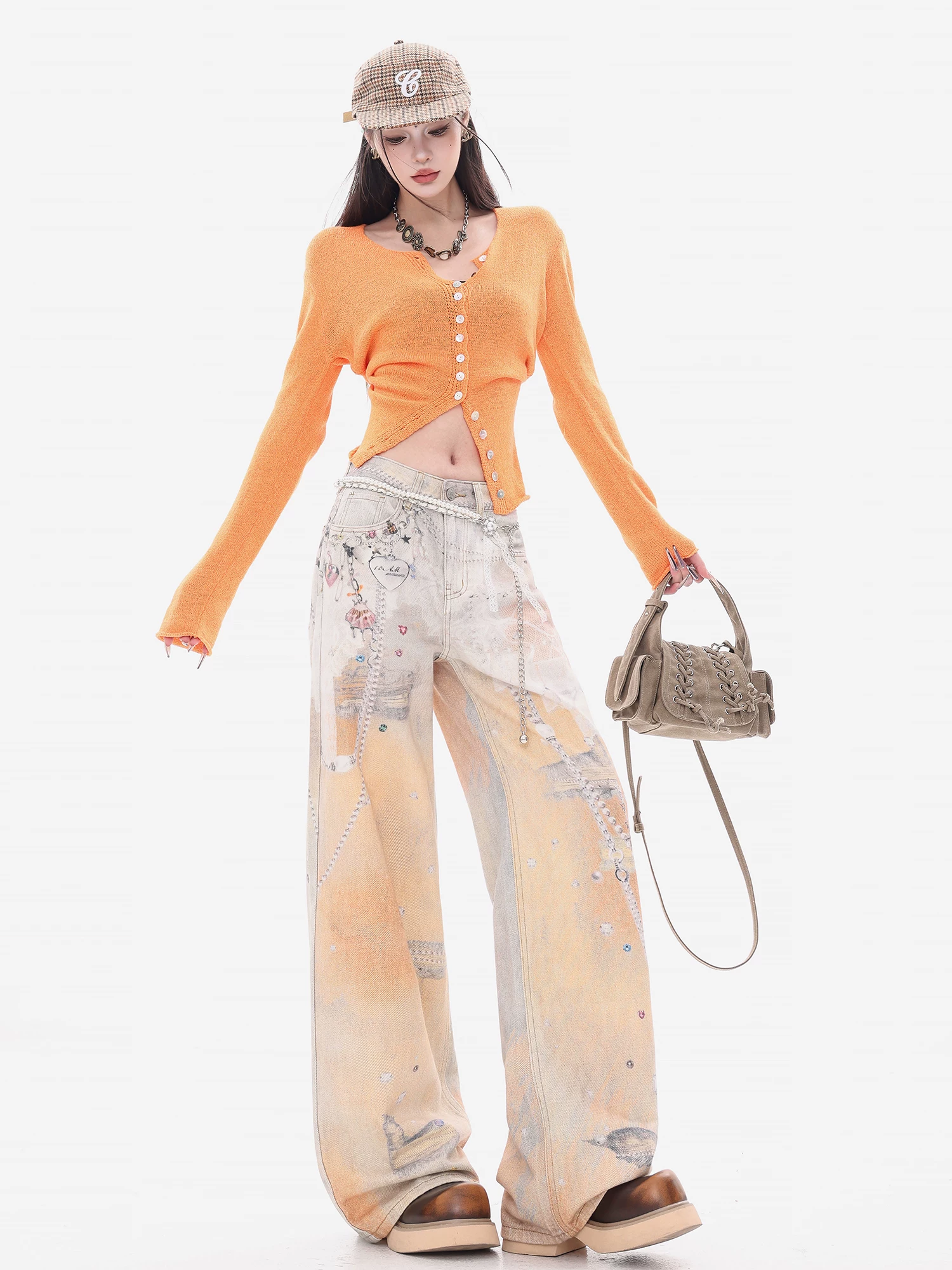 ABWEAR Sunset Island - Quần jean dài đến sàn kiểu Hàn Quốc nguyên bản in họa tiết gradient, cạp cao, dáng ôm, tôn dáng