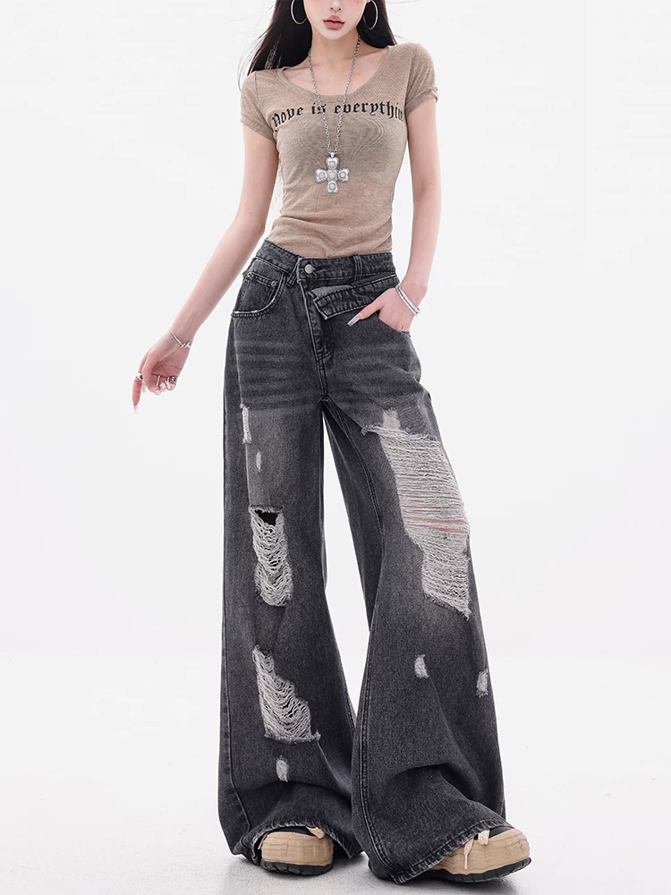 ABWEAR Sydney Coast - Quần jean rách có viền thêu đôi theo phong cách cổ điển của Mỹ dành cho nữ, quần ống rộng dáng rộng