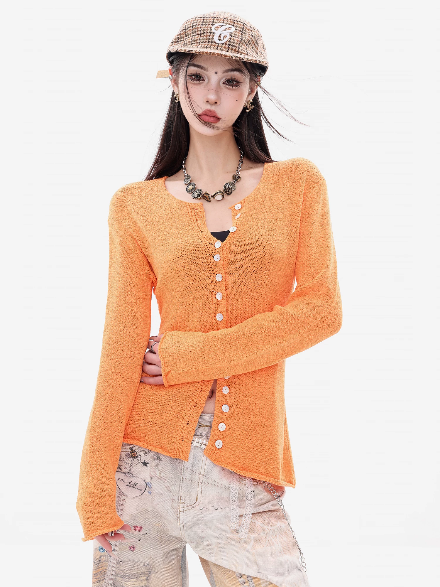ABWEAR Orange Moment - Áo len dệt kim màu cam thư giãn đầu thu nguyên bản dành cho nữ, áo cardigan dáng ôm vừa vặn