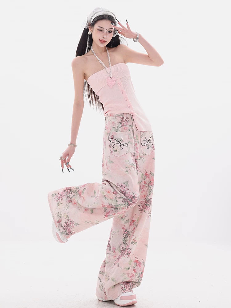 [Cửa hàng quần áo Bee] ABWEAR Pink Dopamine Vibe Quần jean ống đứng in họa tiết da báo mới