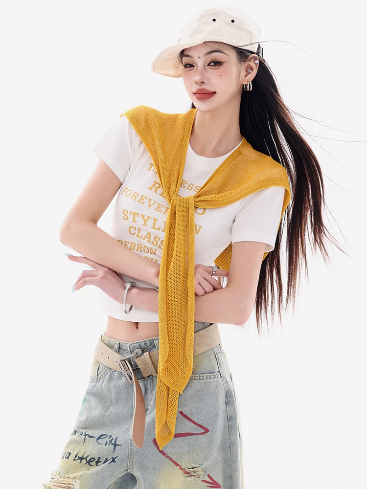 ABWEAR Versatile Sweetheart - Áo ba lỗ in chữ gốc Hàn Quốc dành cho nữ Slim Fit Shawl Top Bộ hai mảnh