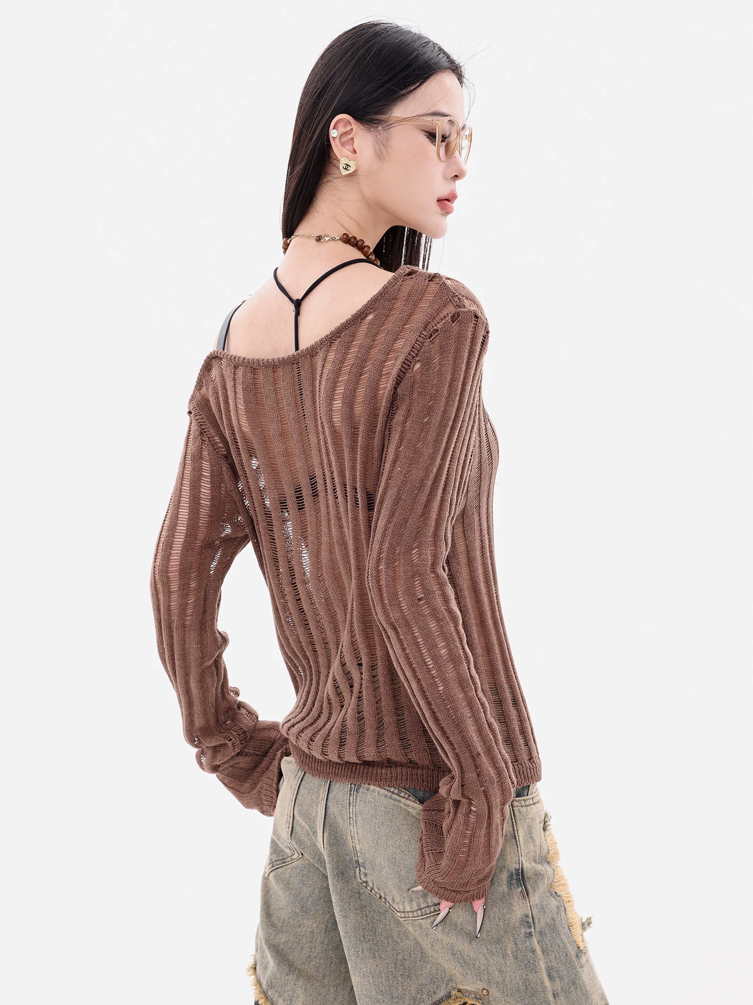 ABWEAR Autumn Messenger - Áo len dệt kim lệch vai kiểu Hàn Quốc nguyên bản dành cho nữ, thiết kế dáng rộng
