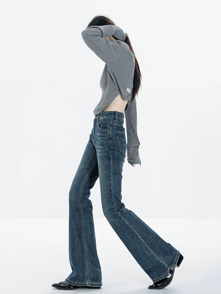 Quần Jeans ống loe cổ điển ABWEAR Thu Đông dành cho nữ, cạp cao, kiểu dáng ôm sát, lót lông, kiểu dáng mới 2025