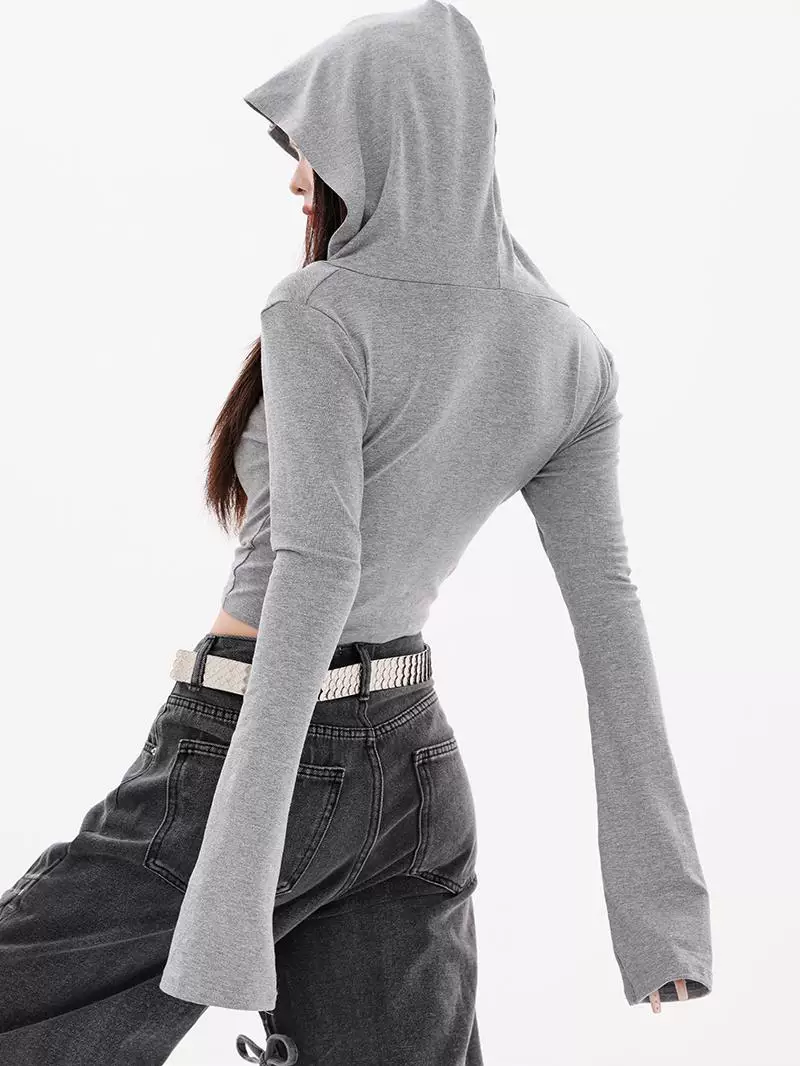 ABWEAR Bard - Áo thun dài tay có mũ trùm đầu màu xám nguyên bản dành cho nữ, áo ngắn dáng ôm mới đầu mùa thu