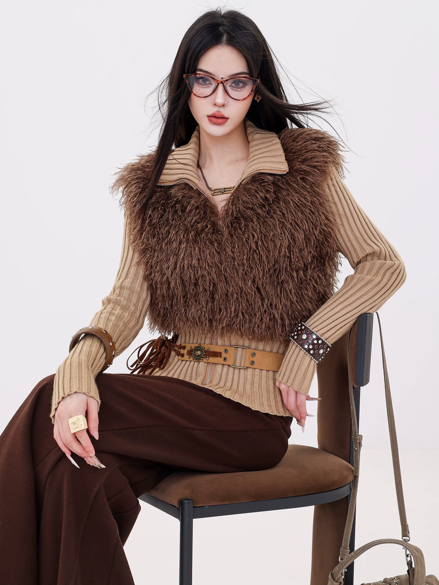 ABWLR Snow Top Mocha - Áo len dệt kim hai trong một bằng lông thú giả thân thiện với môi trường dành cho nữ, Áo khoác dài tay ôm vừa vặn cho mùa thu đông