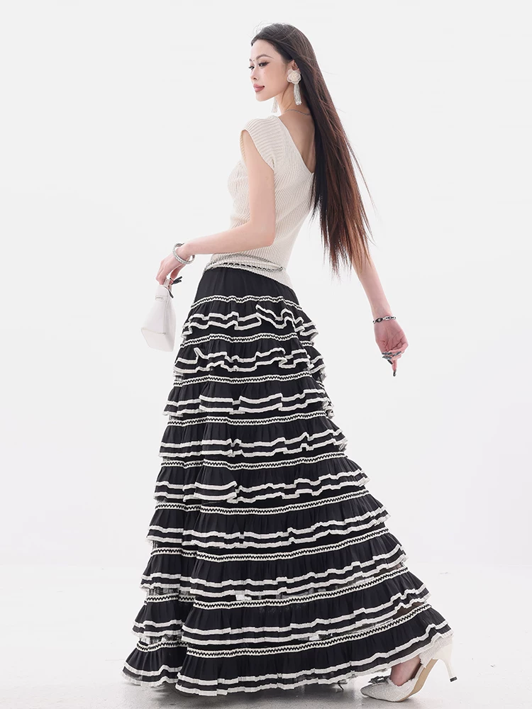 ABWEAR Dream Waltz - Váy thiết kế bánh ngọt phối màu tương phản nguyên bản dành cho nữ có eo co giãn và váy dài