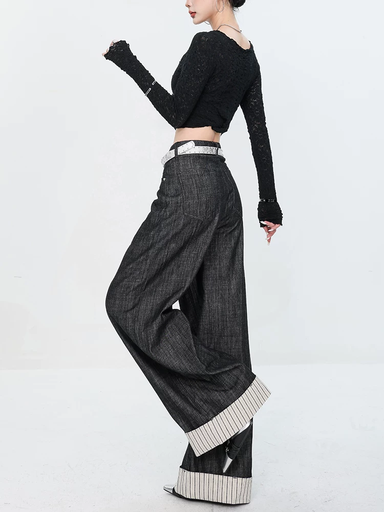 Quần Jeans Sọc Vá Chắp Màu Đen Nguyên Bản ABWEAR - Phân Biệt Giữa Thực Tế Và Ảo Tưởng - Mẫu Mới 2024, Quần Dài Rộng, Dáng Suông Cho Nữ