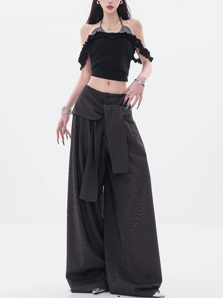 ABWEAR Urban Beauty - Quần dài giả hai mảnh sọc đen trắng nguyên bản có họa tiết chắp vá Quần ống rộng dáng rộng dành cho nữ