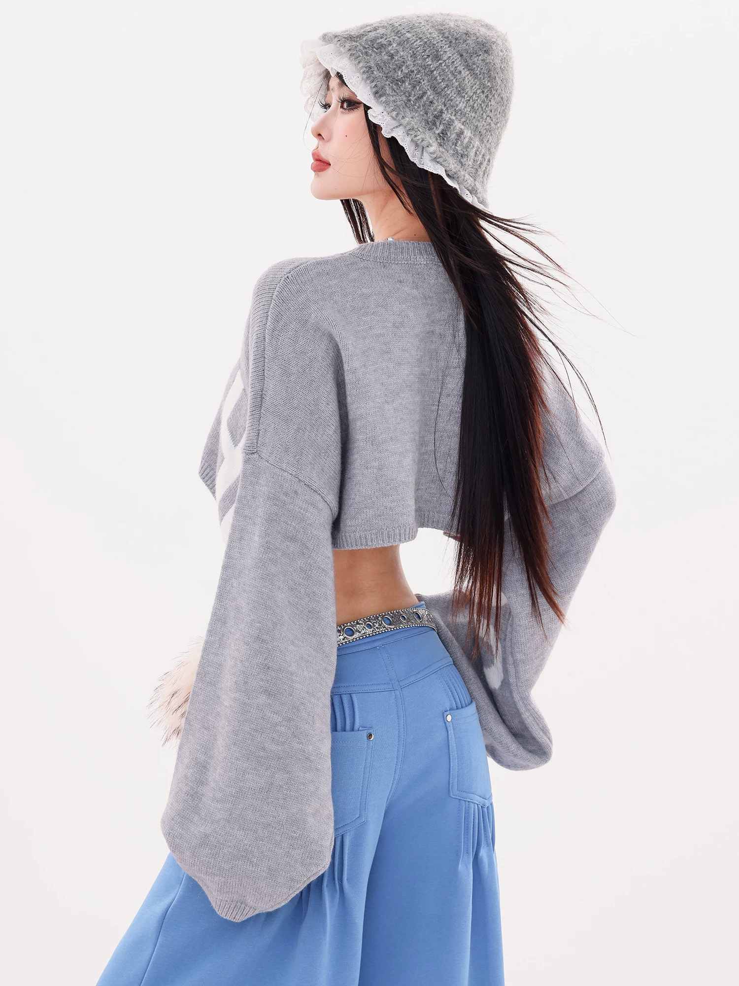 ABWLR Trendy Express - Áo len in chữ kiểu Mỹ nguyên bản Áo len cổ tròn ngắn dành cho nữ