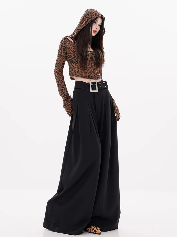 ABWEAR Modern Special Edition - Quần tây xếp ly có thắt lưng màu đen nguyên bản đầu thu dành cho nữ Quần ống rộng dáng rộng thường ngày