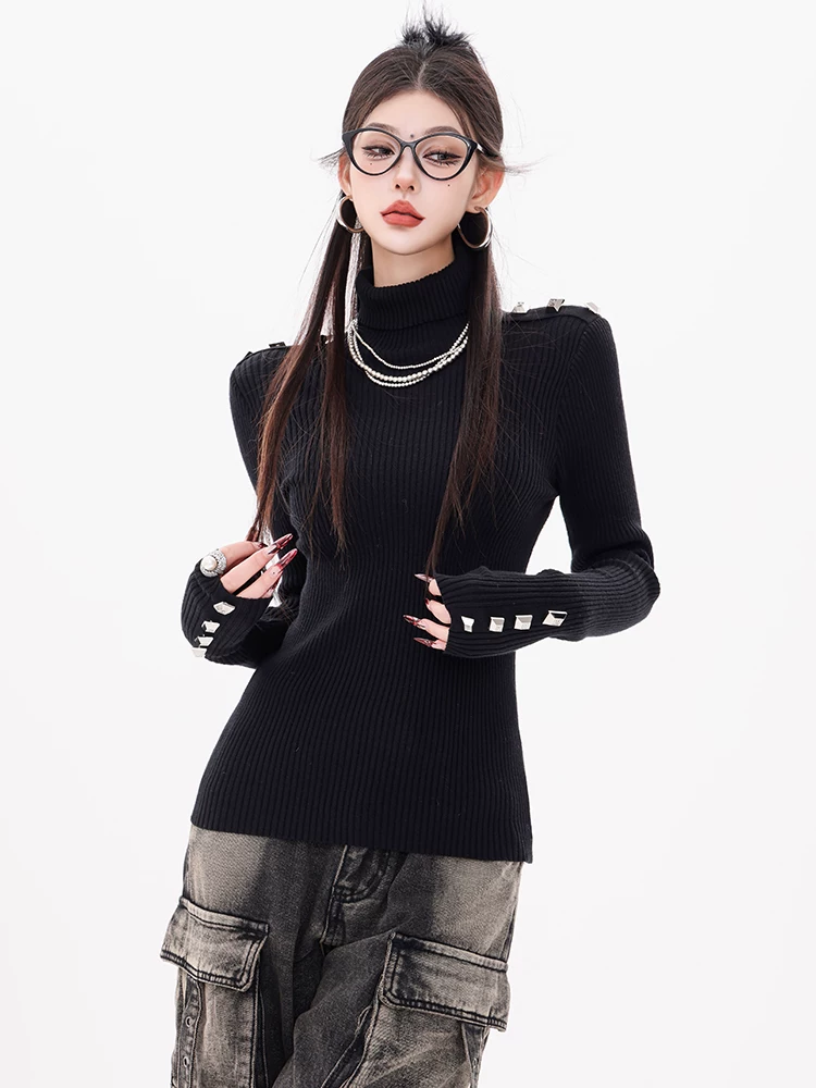 ABWEAR Silver Wing Hunter-Áo dệt kim cổ lọ màu đen nguyên bản dành cho nữ 2024 áo dài tay dáng ôm vừa vặn mới