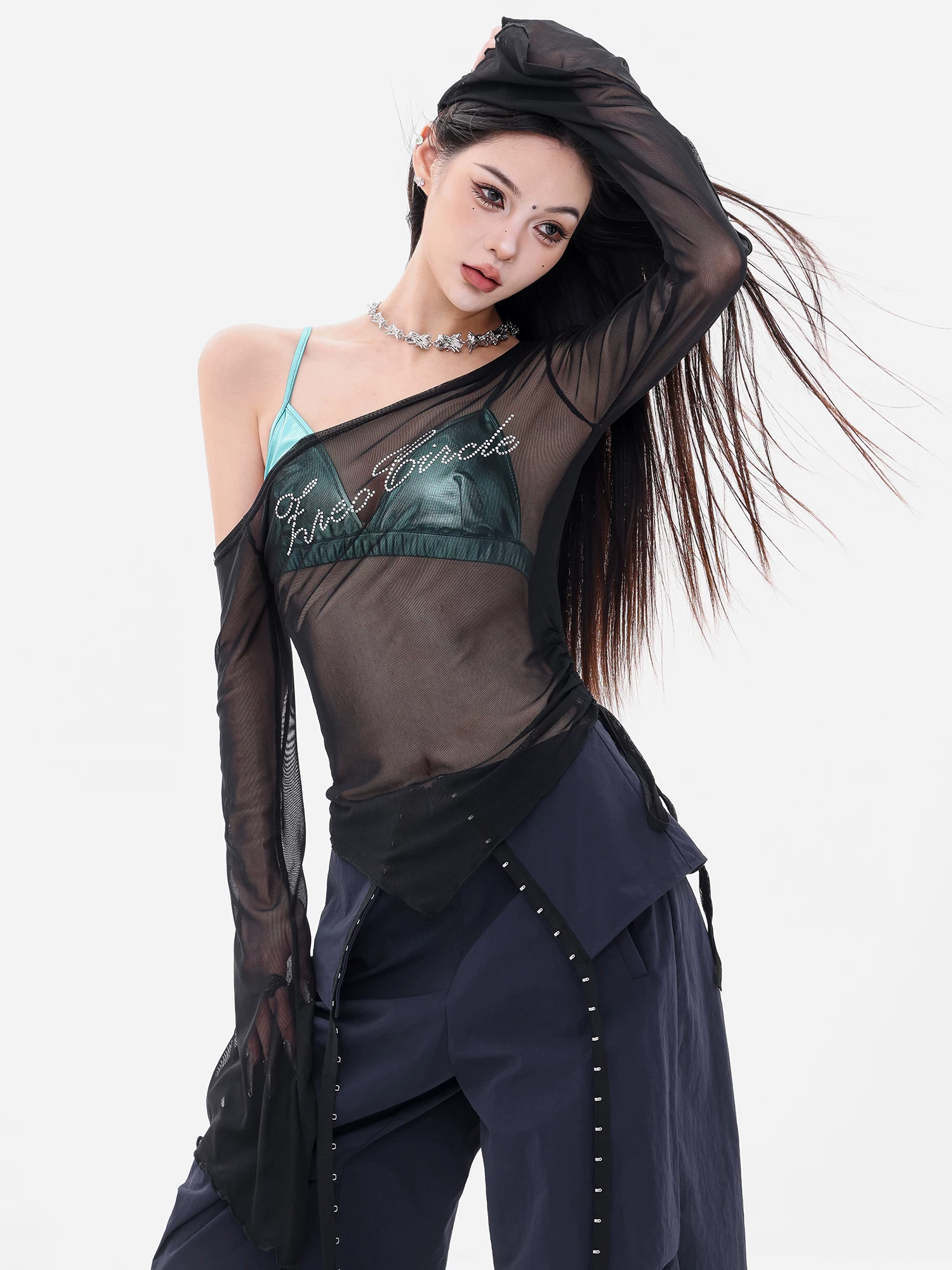ABWEAR Flashback Millennium - Áo thun dài tay lưới xuyên thấu kiểu dáng hot girl nguyên bản Áo thun dài tay ôm vừa vặn dành cho nữ