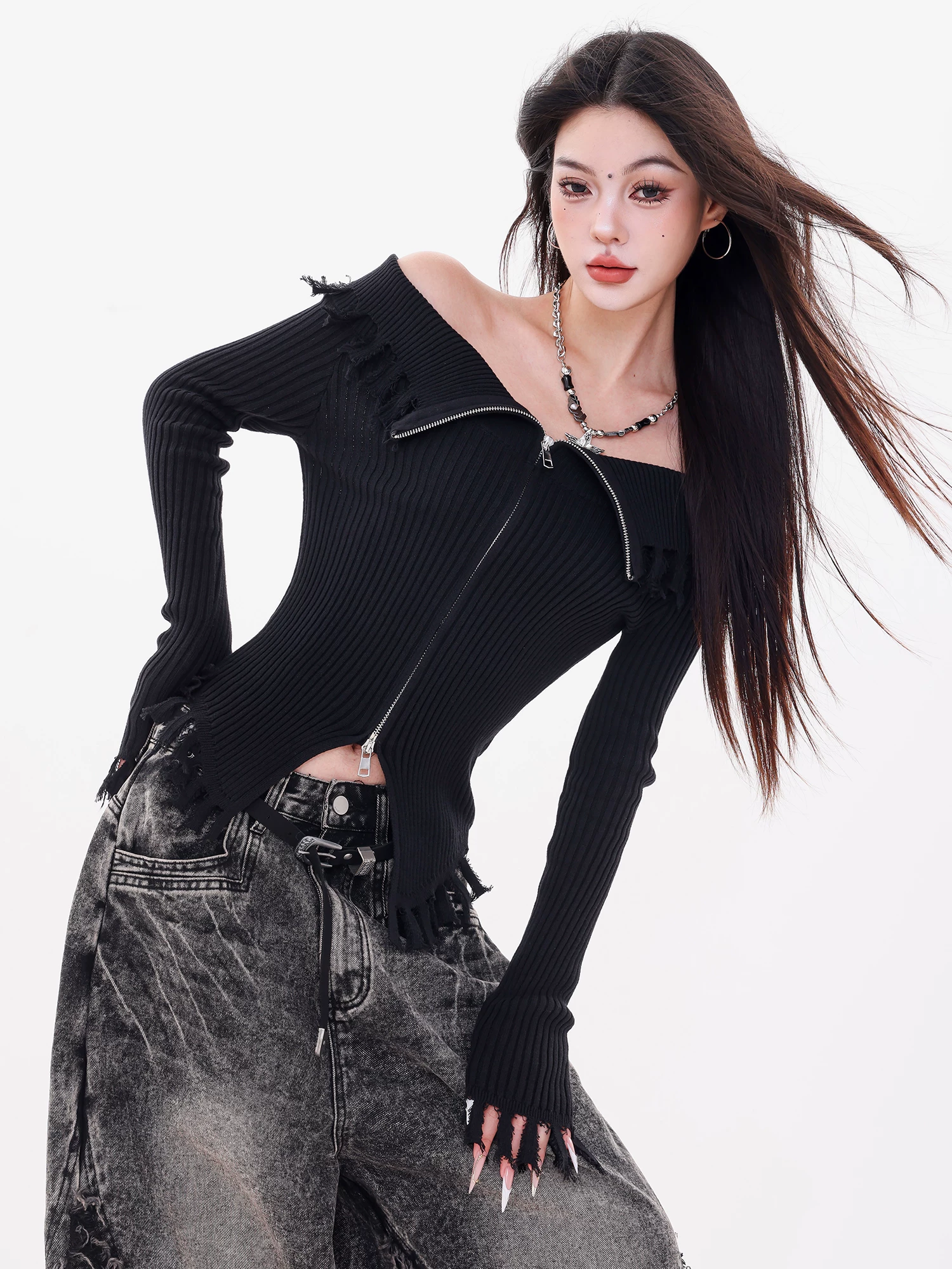 ABWLR Xidan Sand Dune-Original Hot Girl Style Áo len dài tay có cổ dành cho nữ mùa thu Áo có khóa kéo đôi Slim Fit